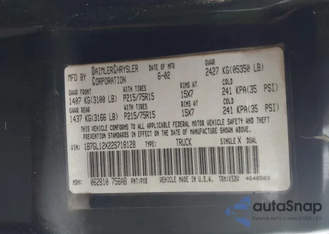 2002 Dodge Dakota z USA, uszkodzony, nr VIN 1B7GL12X22S718128